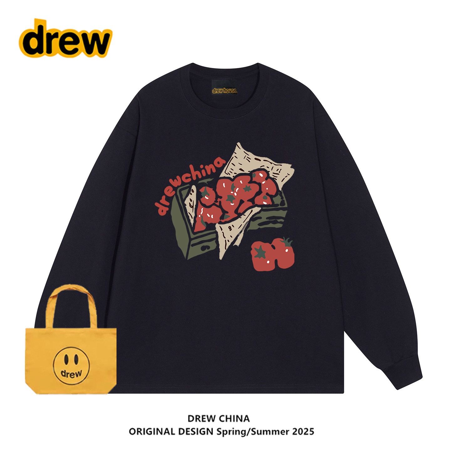 drew潮牌美式番茄涂鸦印花长袖T