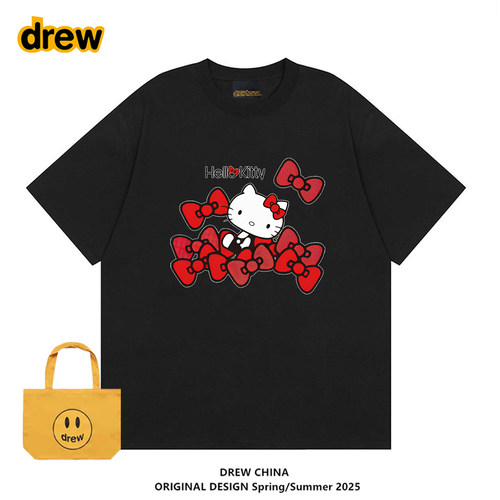 drew潮牌猫咪蝴蝶结联名图案T恤