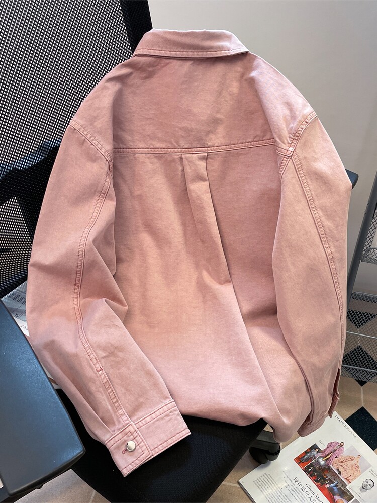 남성과 여성을 위한 한국 틈새 핑크 데님 셔츠 재킷 봄 가을 빈티지 복고풍 작업복 캐주얼 긴팔 탑