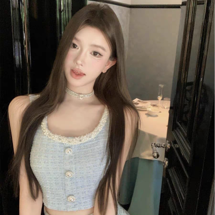 法式小香风套装女夏季钉珠短款吊带背心高腰a字包臀半身裙两件套