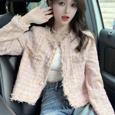 小香风粉色粗花呢外套女短款上衣