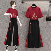 两件套装 2025夏季 女装 胖mm中国风刺绣汉服减龄阔腿裤 新款 大码