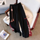 春秋新款 潮 女休闲九分裤 小众设计感开叉中国风元 素盘扣黑色阔腿裤