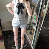 高级感两件套 马甲背心上衣女蓝色直筒短裤 小香风千金套装 气质无袖