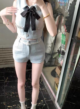 小香风千金套装气质无袖马甲背心上衣女蓝色直筒短裤高级感两件套
