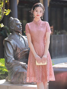 蕾丝旗袍敬酒礼服 秀丽华服6806短袖 年轻妈妈装 红色礼服