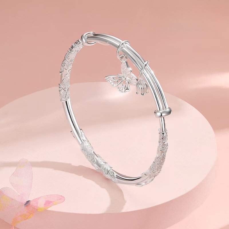 黄金彩虹足银蝴蝶雕刻银手镯女推拉式精致百搭手环饰品花镯实心