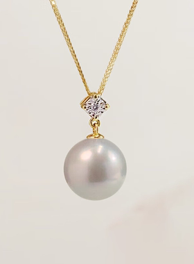 18K金淡水珍珠项链女极光正圆镶钻吊坠百搭精致年轻款送女友礼物