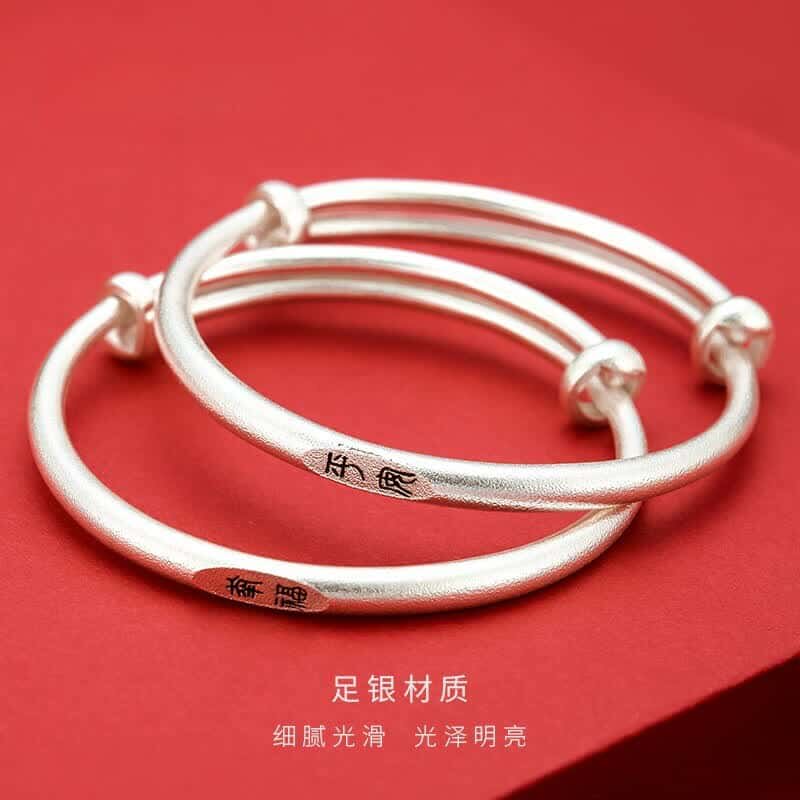 9999足银古法素圈银手镯平安喜乐