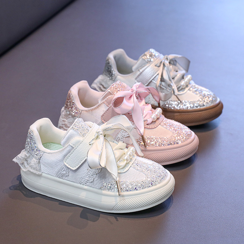 女童水晶亮片休闲鞋2025年春夏季新款蕾丝珍珠小白鞋儿童中大童运