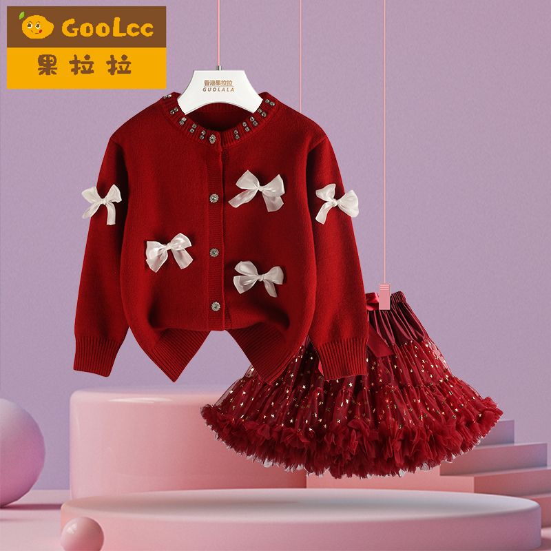 女孩红色新年服毛衣短裙套装加厚