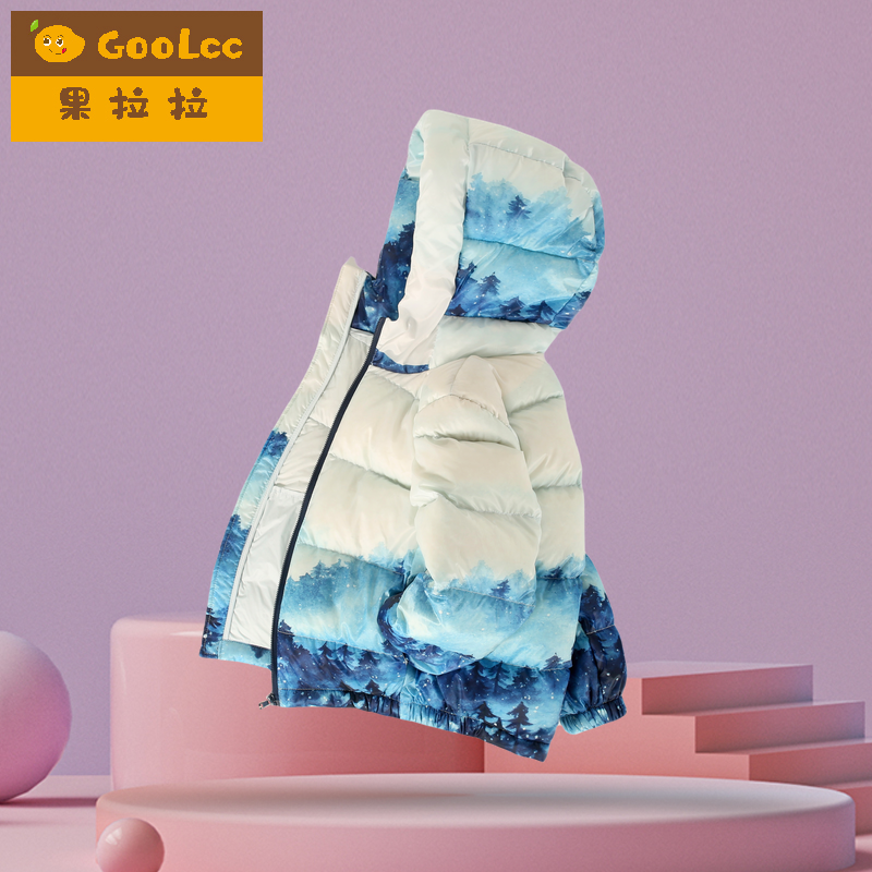 果拉拉男女童水墨印花连帽羽绒服