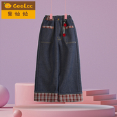 女童牛仔裤 秋冬外穿 脚中大童棉裤 超厚羊羔绒加绒阔腿裤 格子拼接裤