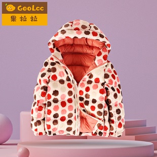 新国标90白鸭绒儿童羽绒服短款连帽面包服女童秋冬加厚外套红波点