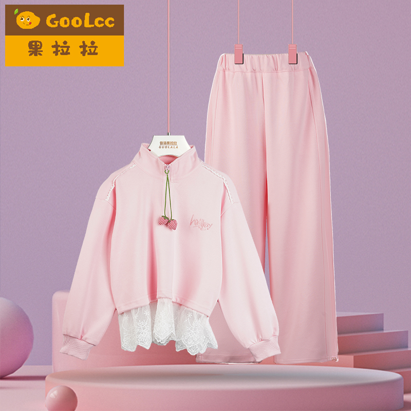 女童套装秋冬款韩版休闲运动服儿童洋气时髦蕾丝边卫衣长裤两件套