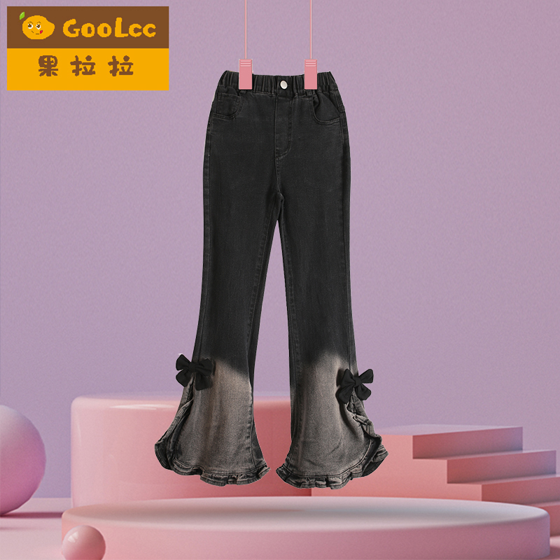 女童牛仔裤女孩春秋款2025儿童蝴蝶结喇叭裤渐变黑色长裤子女宝宝