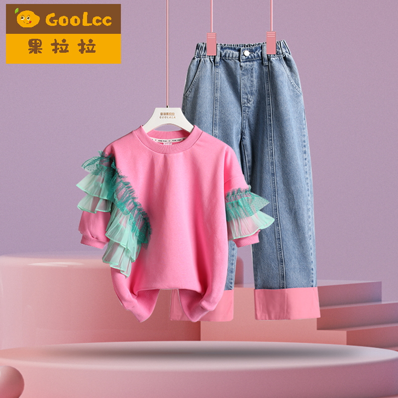 小女孩夏季套装2025春装新款女童拼接卫衣短袖女宝宝牛仔裤两件套