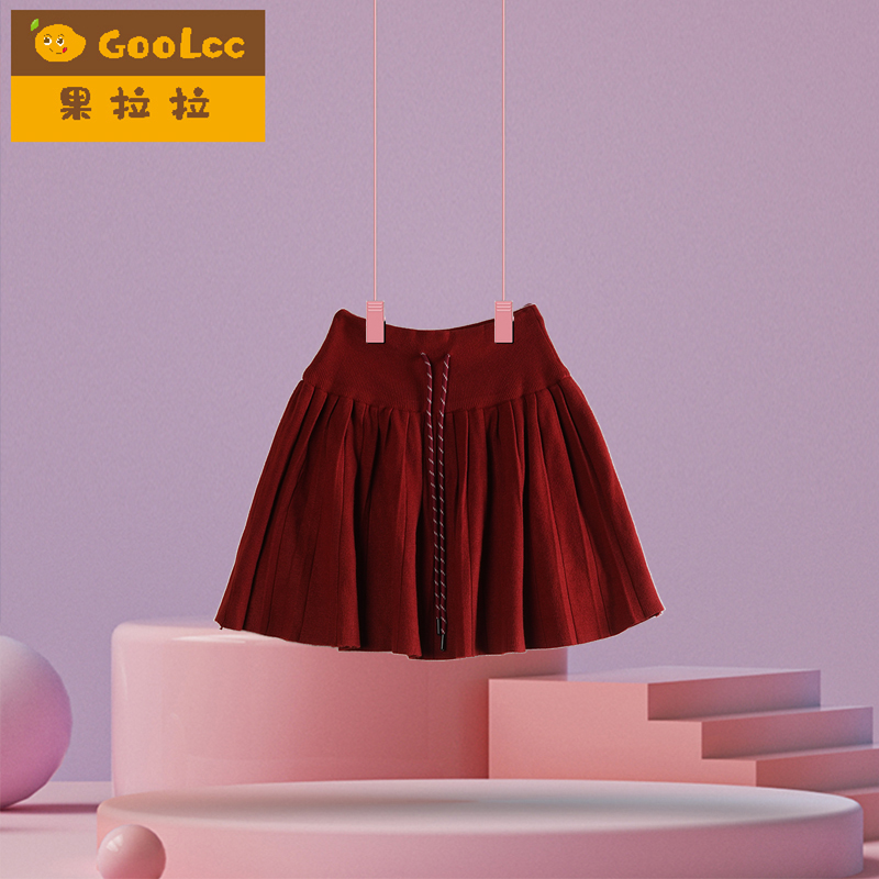 10-15岁女童针织百褶裙女孩春秋冬女孩短款大童半身裙红色拜年服