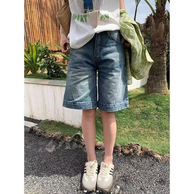 美式复古蓝色五分牛仔短裤女夏季高腰宽松显瘦百搭阔腿直筒中裤子