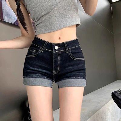 美式辣妹高腰性感超短裤热裤牛仔裤女夏季深蓝色设计感卷边短裤子