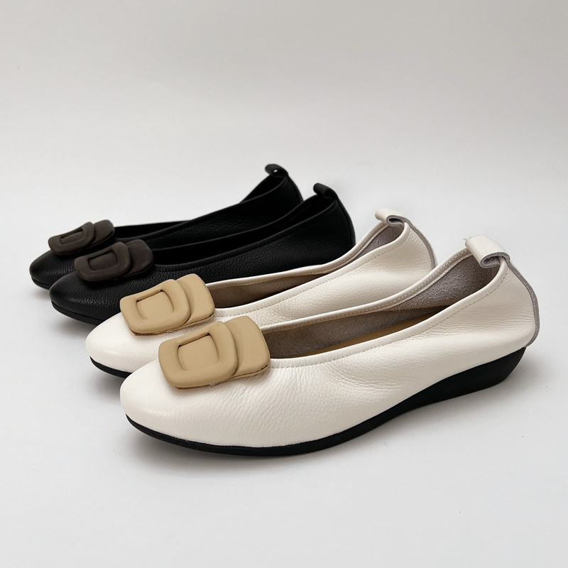 柜雅氏单鞋女真皮松紧口妈妈鞋子软皮软底宽楦瓢鞋头层牛皮四季鞋