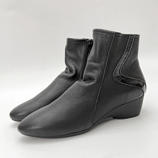 柜雅氏短靴女真皮中跟柔软舒适妈妈靴加绒软皮软底侧拉链坡跟靴子