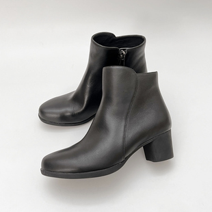 柜雅氏女靴真皮柔软舒适中跟短靴头层牛皮软面软底加绒粗跟女靴子