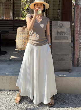 天丝苎麻斜裁不规则大裙摆半身裙女26春夏慵懒度假感A字飘逸长裙