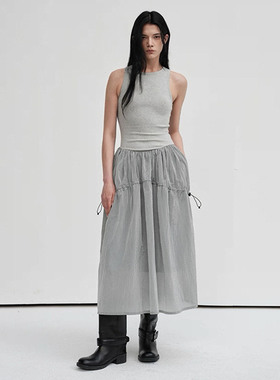 超轻量机能风运动无袖连衣裙女立体绸面拼接抽褶修身弹力背心长裙