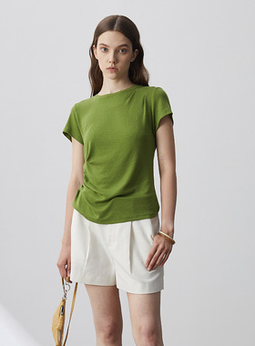 春夏莱赛尔羊毛混纺针织短袖女 捏着文艺显瘦小飞袖T恤Y