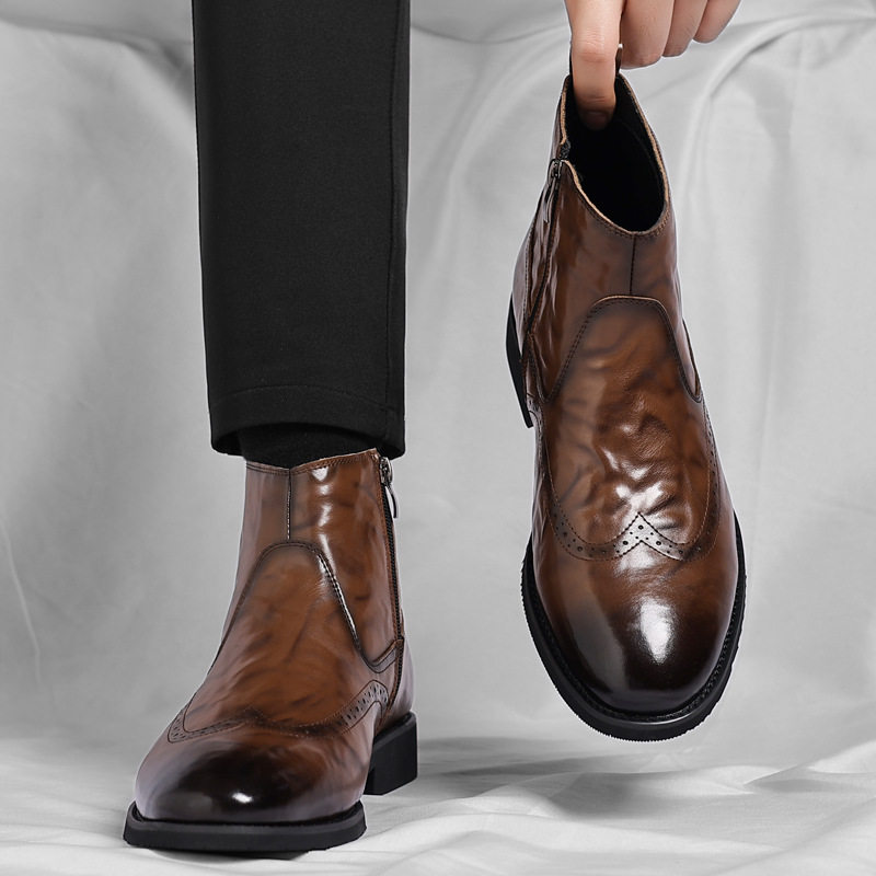 大码布洛克雕花切尔西靴男鞋春秋季英伦风高帮皮鞋马丁靴复古短靴