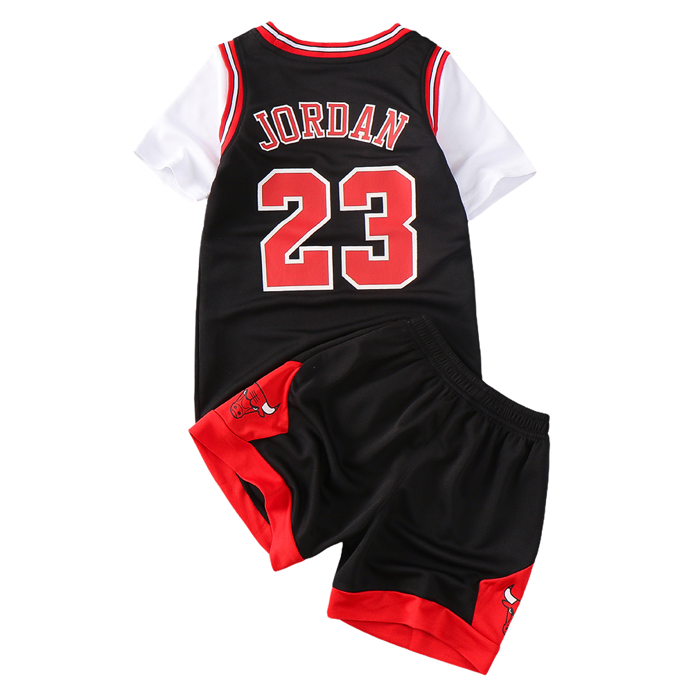 儿童短袖假两件篮球服套装