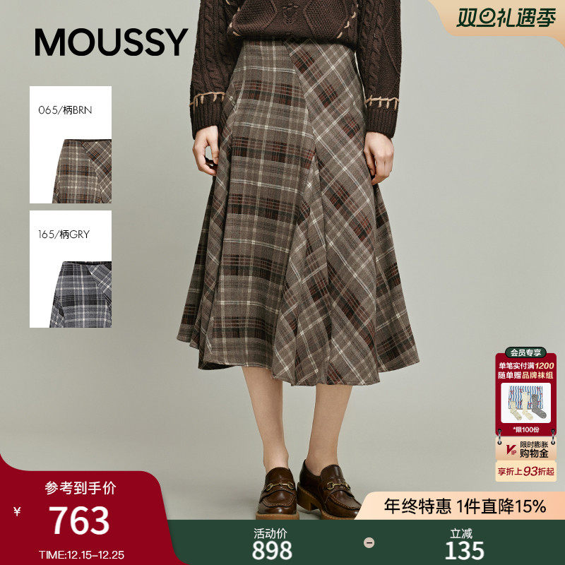 MOUSSY2025冬季新品复古文艺风不对称格纹A字半身裙028IAA31-1681