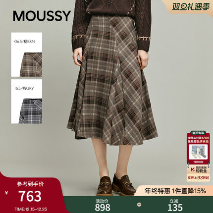 MOUSSY2025冬季新品复古文艺风不对称格纹A字半身裙028IAA31-1681
