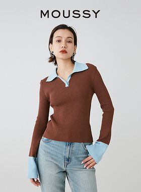 MOUSSY 早春新品简约通勤拼色打底针织衫小上衣028HS470-0030
