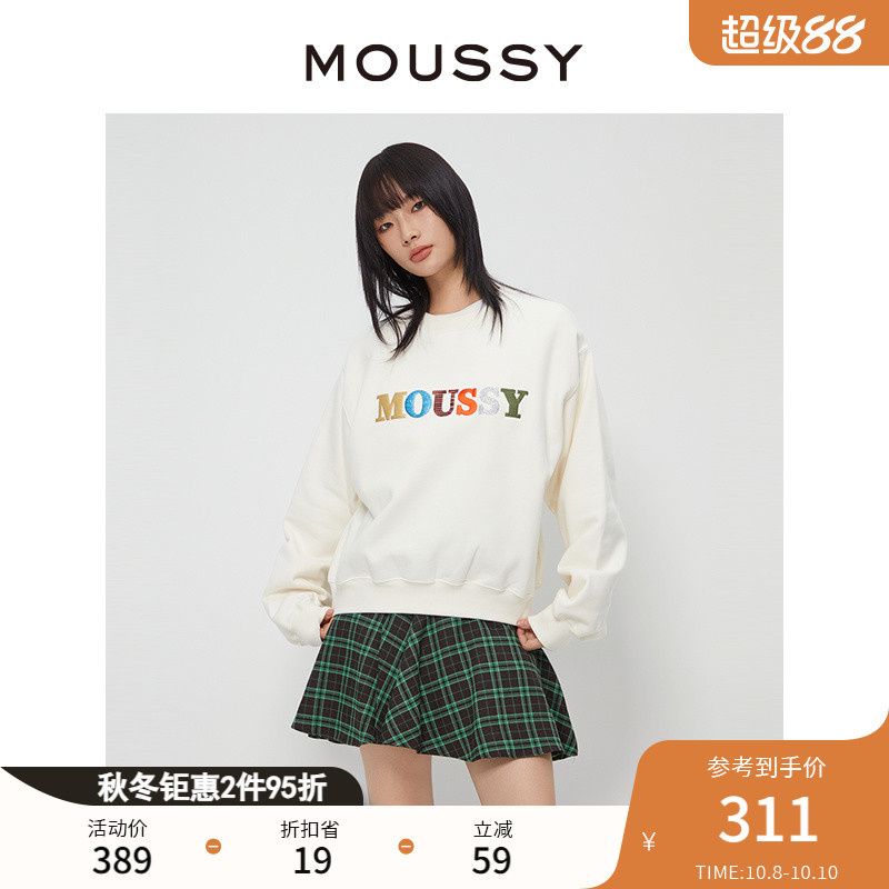 moussy2024冬季新品休闲风创意LOGO刺绣套头卫衣女010GAL90-5580