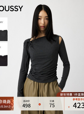 MOUSSY2025秋季新品绑带露肩褶皱收腰斜领针织衫女010IA380-4621