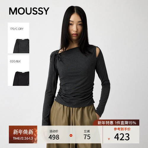 MOUSSY2025秋季新品绑带露肩褶皱收腰斜领针织衫女010IA380-4621