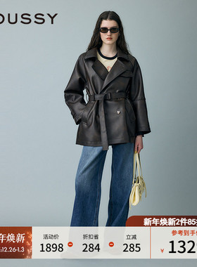 MOUSSY 2025春季新品复古港风翻领中长款皮质外套女010ISH30-0571