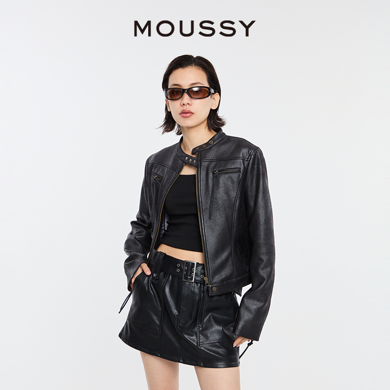 MOUSSY 2024叛逆摇滚做旧皮衣解构夹克外套028HSZ30-0581 女装/女士精品 短外套 原图主图