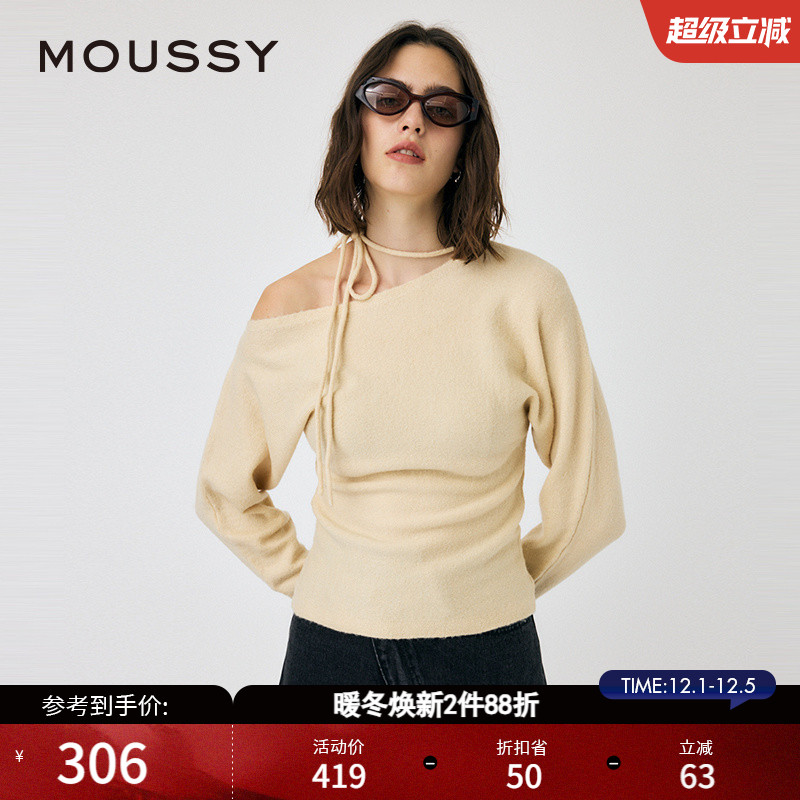 MOUSSY 冬季新品法式优雅斜肩蝴蝶结丝带针织衫010HAH70-4281