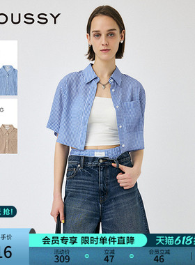 moussy 2025夏季新品日系复古格纹短袖宽松短款衬衫010IS430-3821