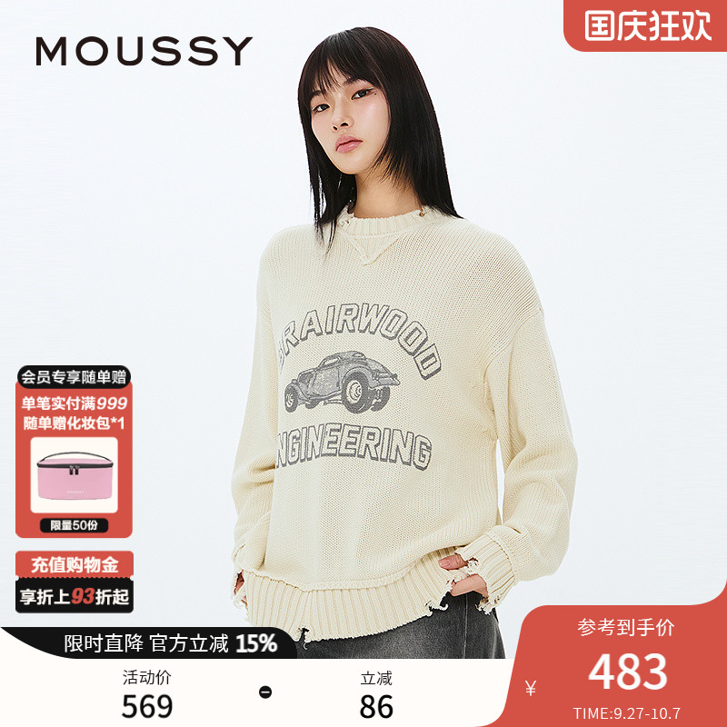 MOUSSY 2025春季新品复古小汽车图案印花针织毛衣女010ISQ70-4361