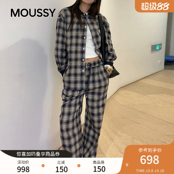 MOUSSY2025秋季新品休闲慵懒风格子撞色长袖衬衫女028IAC30-1061