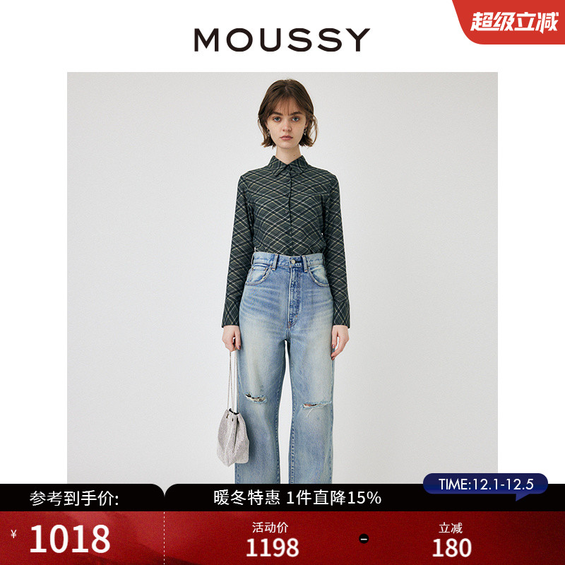 MOUSSY美式复古风破洞直筒牛仔裤