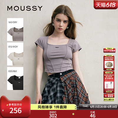 MOUSSY 早春新款方领修身LOGO短袖T恤小上衣女028ISZ90-3081