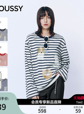 MOUSSY2026春季新品慵懒休闲风条纹小狗印花长袖T恤028JSA90-1015