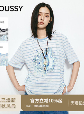 MOUSSY2026夏季新品清新文艺风海盐条纹印花短袖T恤028JSZ90-1064