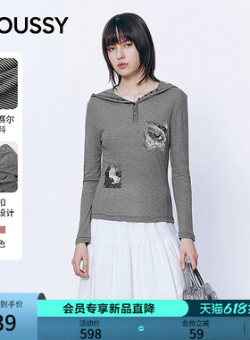 MOUSSY2026春季新品复古朋克风条纹印花连帽长袖T恤028JSA90-1014