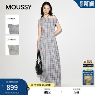 连衣裙028JSA33 MOUSSY 复古优雅格纹一字肩长款 新品 1006 2026夏季